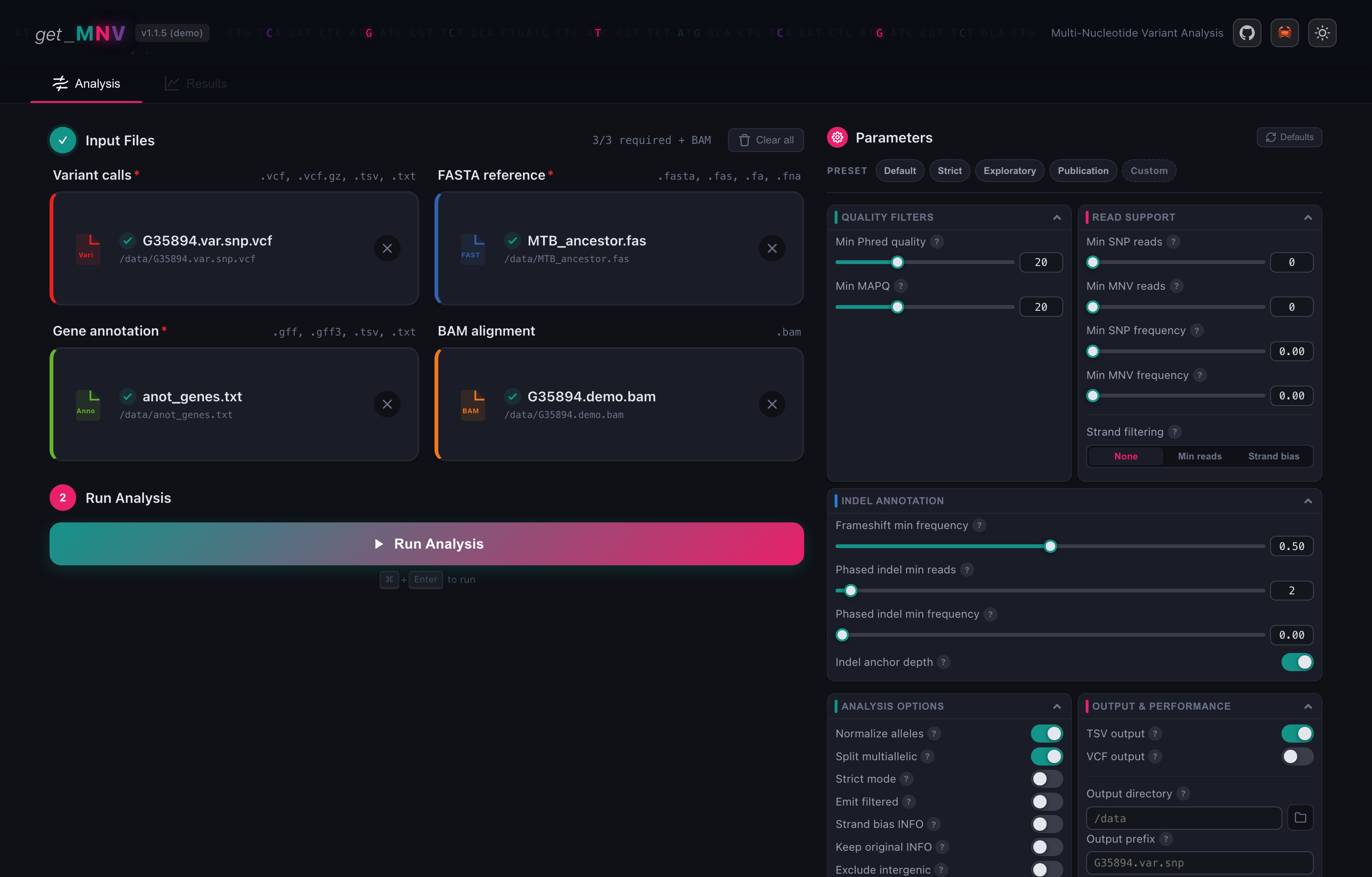 The Analysis tab with the four inputs filled in