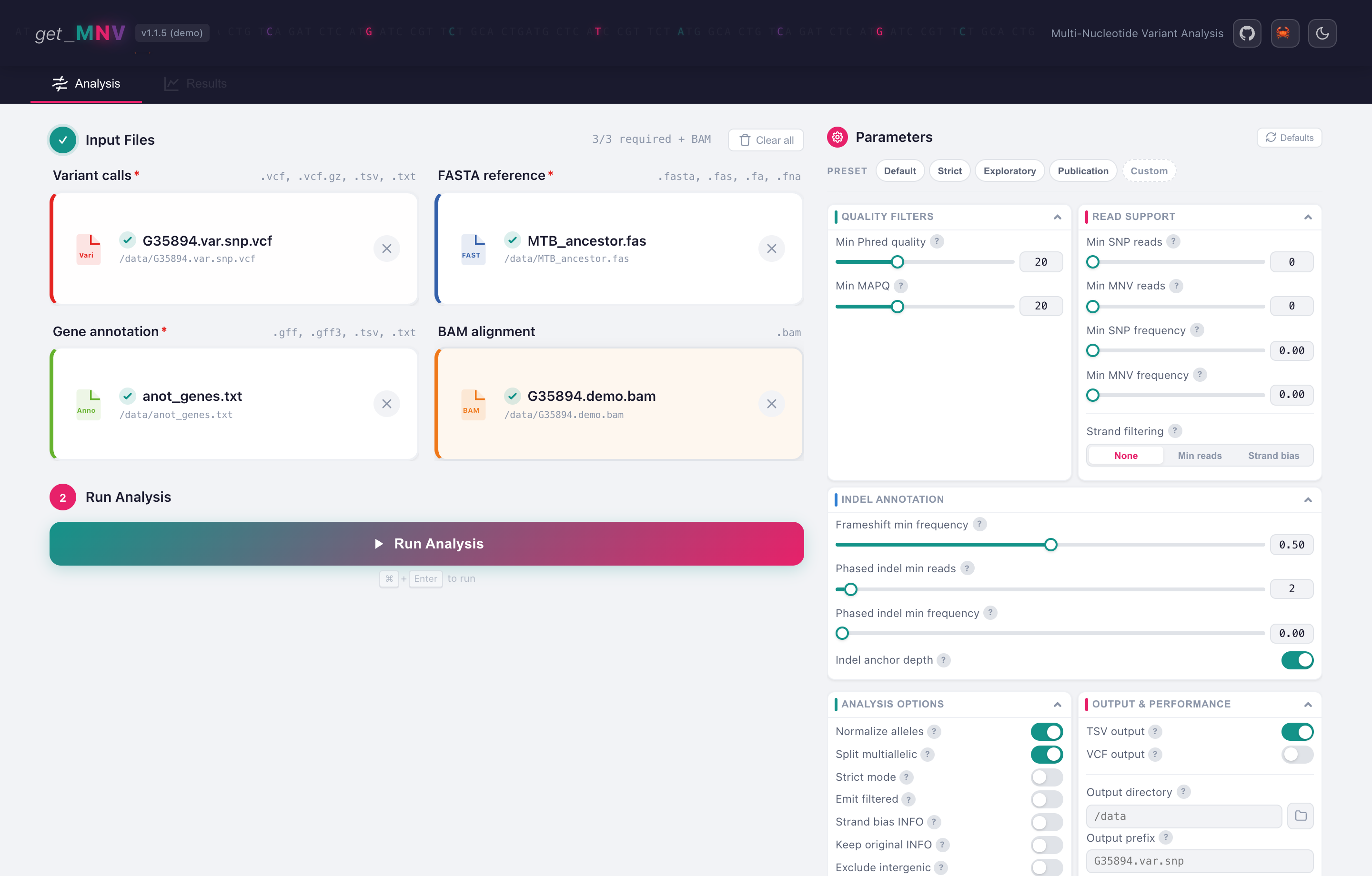 The Analysis tab with the four inputs filled in