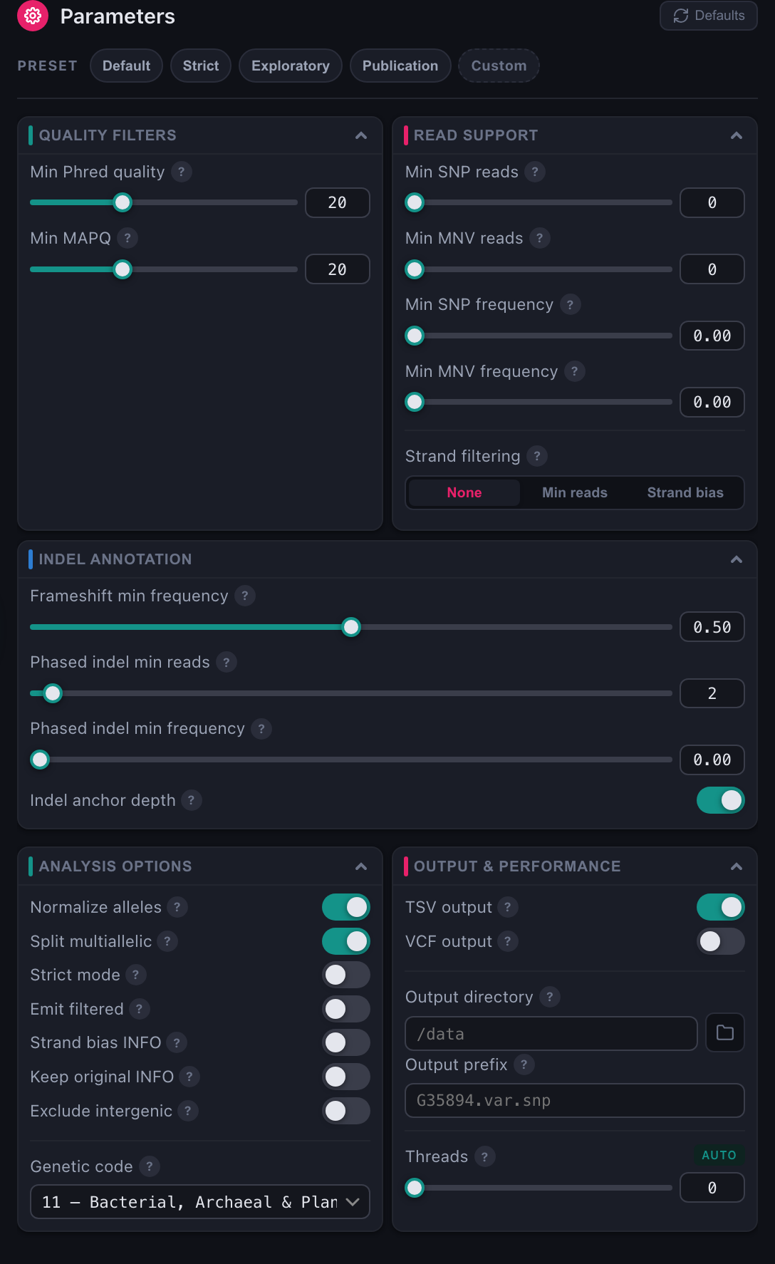 The parameter sidebar, with the read-support floors lowered to zero