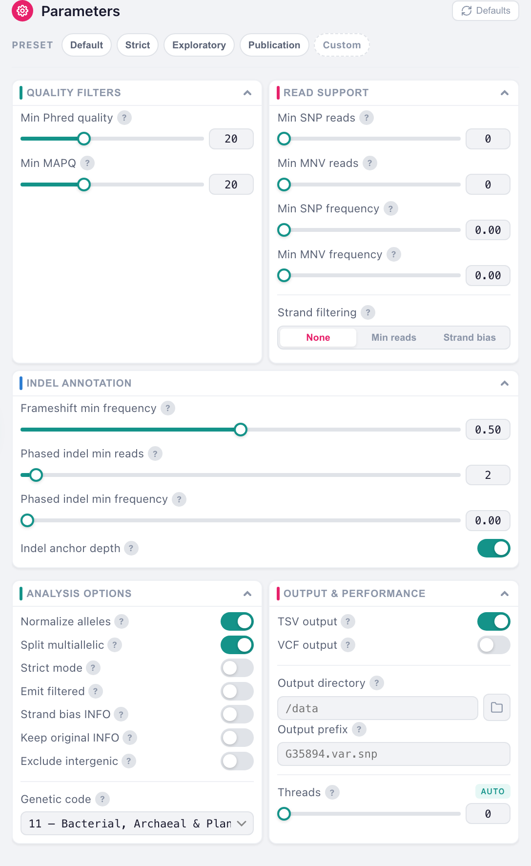 The parameter sidebar, with the read-support floors lowered to zero
